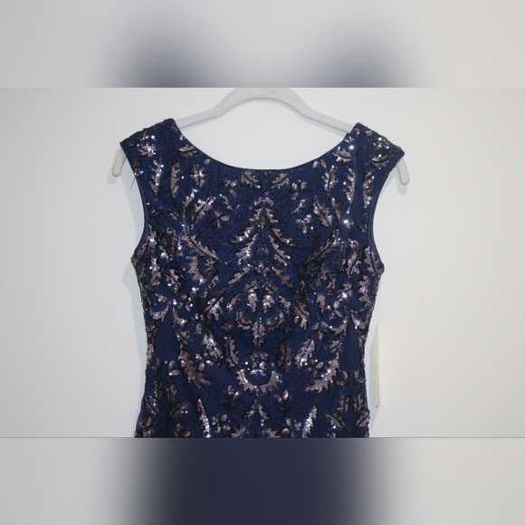 Eliza J Petite Feather-Trim Sequin Sheath Dress - Navy Pansy - Picture 4 of 11